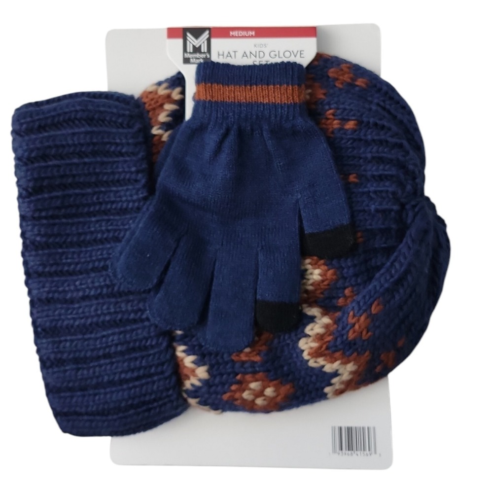 NWT Member's Mark Kids Warm & Cozy Knit Hat and‎ Glove Set Navy LARGE